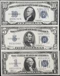 Lot of (3). Fr. 1606, 1650 & 1701. 1934 $1, $5 & $10 Silver Certificates. Choice Uncirculated.