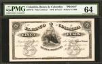 COLOMBIA. Banco de Colombia. 5 Pesos. July 20, 1876. P-Unlisted. Face and Back Proofs. PMG Choice Un
