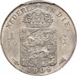 1909年荷属东印度1/10盾。乌得勒支铸币厂。NETHERLANDS EAST INDIES. 1/10 Gulden, 1909. Utrecht Mint. Wilhelmina I. PCGS