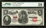 Fr. 88. 1907 $5 Legal Tender Note. PMG Choice About Uncirculated 58.