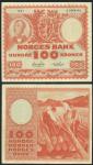 Norges Bank, 100 kroner, 1951, prefix B, red and pale green, Wergeland top left, arms top centre, Ja