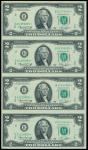United States of America, sheet of 4 uncut notes, $2 'Star notes', black and white, Jefferson at cen