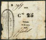Assedio di Palmanova, 25 centismi, 1848, serial number 2967, manuscript black text on cream parchmen