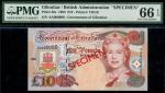 Government of Gibraltar, specimen £10, 1 July 1995, serial number AA000000, orange-brown and violet 