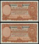 Australia, consecutive pair of 10/- Shillings, ND(1939), serial number E/96 568021-2 , orange on mul