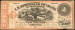 Platteville, Wisconsin. E.R. Hinckley & Cos Bank of Grant County. February 27, 1858. $2. Very Fine.