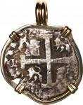 PERU, Lima, cob 2 reales, 1741 V, mounted cross-side out in 14K gold bezel with fixed bail.