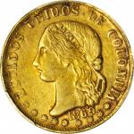 COLOMBIA. 1869 10 Pesos. Medellín mint. Restrepo M333.9. AU-53 (PCGS).