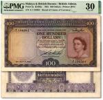 英属马来亚1953年女王伊丽莎白二世像100圆，新马纸币之罕见大名誉品，且为倒置号，设计精美，纸张硬挺，纹理清晰，色彩浓郁醇厚，原汁原味，极为难得，近八五成新（低评，PMG-30/2212810-00
