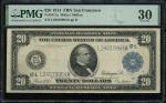 1914年美国联邦储备券20元，编号 L24019964A，蓝印，三藩市发行，PMG 30，轻微黏附物
