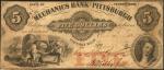 Pittsburgh, Pennsylvania. Mechanics Bank of Pittsburgh. October 1, 1855. $5. Fine.