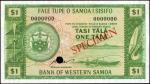 WESTERN SAMOA. Bank of Western Samoa. 1 Tala, ND. P-16ds. Specimen. About Uncirculated.