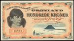 Kreditseddel, Greenland, 100 kroner, 16 January 1953, green serial number 0418015, black, red and pi