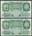 1929-34年英伦银行纸币二枚一组，面值一镑，编号R75 134374-4, 原装原色UNC