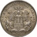 ハンブルクHamburg), 1910, 銀(Ag), 3ﾏﾙｸ Mark, PCGS MS65, 未使用, UNC, 紋章図 3マルク銀貨 1910年(J) KM620