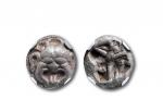 古希腊密细亚古风美杜莎一德拉克马银币一枚，重：3.91g，NGC XF  公元前5世纪古希腊帕里恩城邦发行，半德拉克马银币。  正面：蛇发女妖戈耳工美杜莎，背面：四格戳记。  美杜莎是希腊神话中的女妖