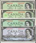 CANADA. Bank of Canada. 1 & 5 Dollars, 1954-67. P-74b, 74a, & 77b. Replacements. Extremely Fine to A