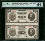 1943年荷属东印度爪哇银行100盾双连钞样票，打孔注销，PMG 65EPQ。Netherland Indies, an uncut pair of 100 gulden, specimen, 194