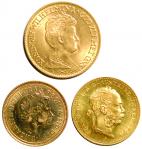 World Gold, lot of 3 coins; Austria-Hungary 20 corona, 1915 (restrike), Netherlands 10gulden, 1917 a