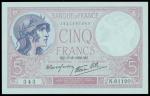 France,5 francs, 1939, serial number N.61120 343,lilac, woman wearing helmet at left, reverse grey l