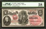 Fr. 67. 1875 $5 Legal Tender Note. PMG Choice About Uncirculated 58.