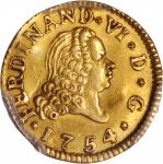SPAIN. 1/2 Escudo, 1754-MJB. Ferdinand VI (1746-59). PCGS Genuine--Bent, AU Details Secure Holder.