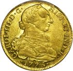COLOMBIA. 1775-JJ 8 Escudos. Santa Fe de Nuevo Reino (Bogotá) mint. Carlos III (1759-1788). Restrepo