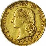 COLOMBIA. 1869 10 Pesos. Medellín mint. Restrepo M333.9. EF-45 (PCGS).