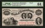 Philadelphia, Pennsylvania. Bank of Pennsylvania. 1850s. $20. PMG Choice Uncirculated 64. Proof.