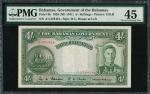 Bahamas Government, 4/-, 1936 (ND 1941), serial number A/4 279434, green, red and blue, George VI at