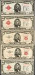 Lot of (5) Fr. 1526, 1531 & 1534. 1928A-53B $5 Legal Tender Note. Choice Uncirculated.