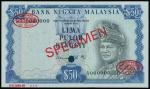 Malaysia,50 ringgit, ‘Specimen’, ND(1976-81), serial number A/16 000000,blue, black on multicolour u