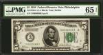 Fr. 1950-C. 1928 $5 Federal Reserve Note. Philadelphia. PMG Gem Uncirculated 65 EPQ. Low Serial Numb