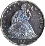 1862 Pattern Liberty Seated Half Dollar. Judd-295, Pollock-353. Rarity-5. Silver. Reeded Edge. Proof