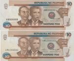Philippines; 1997-1998, Lot of 2 Lucky number notes. 1997, 10 Piso, P.#187a, sn. AW 1000000 & 1998, 