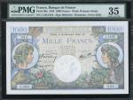 1940年法国银行1000法郎，编号J.1254 034，PMG35，有微修。Banque de France, 1000 Francs, 19.12.1940, serial number J.12