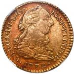 Popayan, Colombia, gold bust 1 escudo, Charles III, 1772 JS, NGC AU 50.