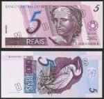 x Banco Central Do Brazil, uniface obverse and reverse specimen 5 reais, ND (1994-97), zero serial n