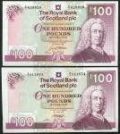 Royal Bank of Scotland plc., ｣100 (2), 23 March 1994, serial numbers A/1 629826, purple and multicol