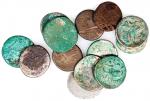 汉代丝路地区钱币13枚一组，大部分带绿色附物，保存完好，F至EF