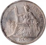 1905-A年坐洋壹圆银币。巴黎造币厂。 FRENCH INDO-CHINA. Piastre, 1905-A. Paris Mint. PCGS MS-63.