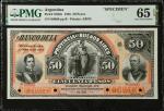 1885年阿根廷50比索 PMG Gem Unc 65 EPQ Banco de La Provincia De Buenos Aires. 50 Pesos,