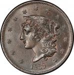 1839 Modified Matron Head Cent. Newcomb-14. Booby Head. Rarity-3. Mint State-66+ BN (PCGS).