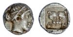 Troas. Antandros. AR Hemiobol, late Fifth Century BC. O.44 gms. Head of Artemis Astyrene right, rev.