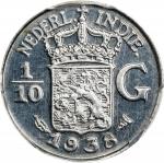 1938年荷属东印度1/10杜卡顿。乌得勒支铸币厂。NETHERLANDS EAST INDIES. 1/10 Gulden, 1938. Utrecht Mint. Wilhelmina I. PC