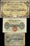 ITALY. Lot of (3). Banca Toscana. 50 Centesimi & 1 Lira, 1870. P-Unlisted. Fine to Very Fine.