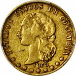 COLOMBIA. 1869/8 10 Pesos. Medellín mint. Restrepo M333.8. AU-50 (PCGS).