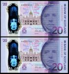 Bank of Scotland, £20 polymer issue, 1 June 2019, serial number AA 000650/700, purple, indigo and da