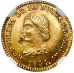Bogota, Colombia, gold 1 peso, 1844 RS, NGC UNC details / obverse planchet flaw.