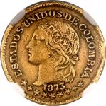 COLOMBIA, Bogotá, gold 1 peso, 1873, NGC AU details / cleaned.